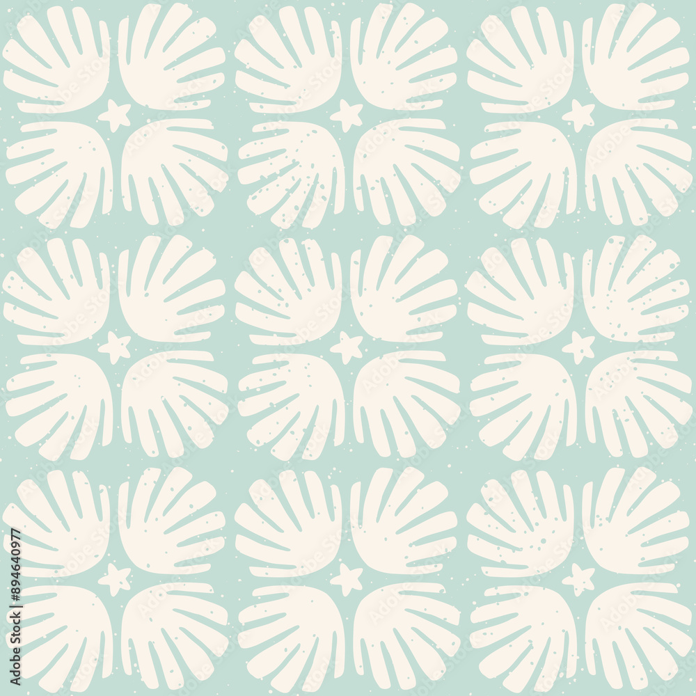Pastel blue seashells seamless pattern with speckled texture. Seashell tile block print pattern vintage boho background.