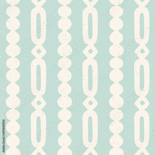 Pastel blue block print seamless pattern. Ornamental lines of abstract geometric shapes cutouts border linocut design.