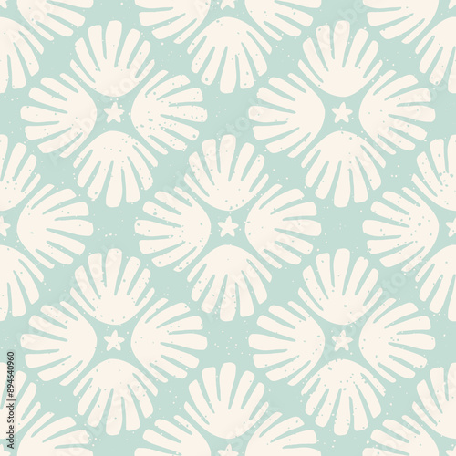 Pastel blue seashells seamless pattern with speckled texture. Diagonal tile block print pattern vintage boho background.