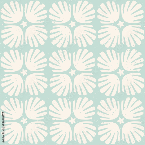 Pastel blue seashells seamless pattern with speckled texture. Seashell tile block print pattern vintage boho background.