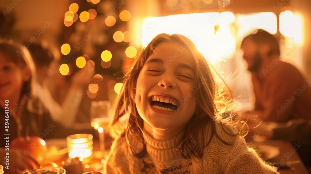 Laughing American girl with light brown hair at a festive Thanksgiving dinner table surrounded by family and warm lighting. American girl laughing in Thanksgiving dinner Laughing American girl with light brown hair at a festive Thanksgiving dinner table surrounded by family and warm lighting. American girl laughing in Thanksgiving dinner