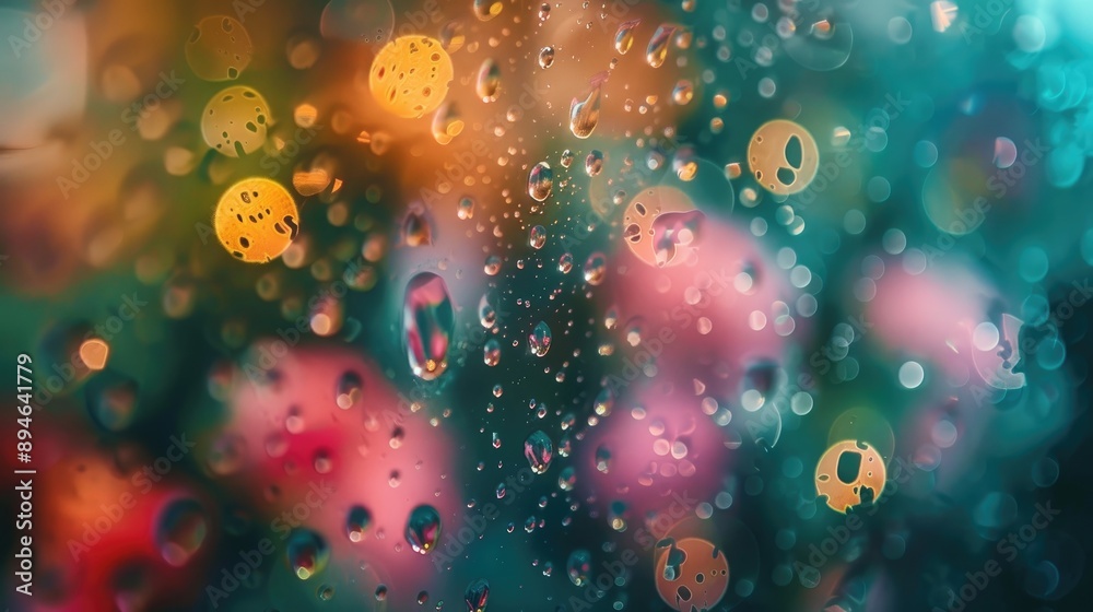 Defocused shot with bokeh effect on transparent surface with water droplets toned