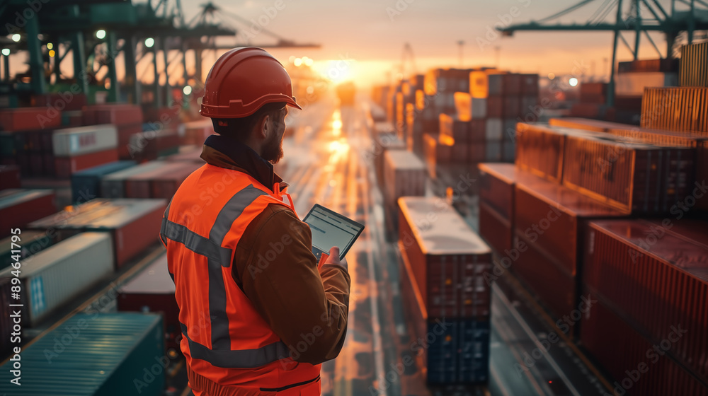 Fototapeta premium Foreman working at container yard for checking on shipping containers. Logistics and shipping.