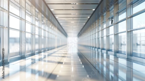 Defocused background of a corridor with big window white office wall and vintage airport hall