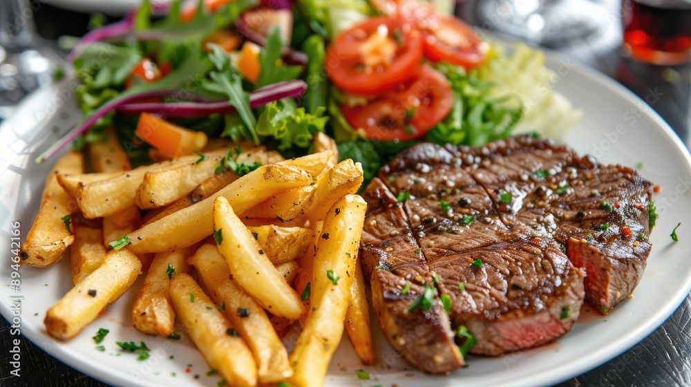 Delicious French fries with steak and salad in a white plate Delicious French fries with steak and salad in a white plate