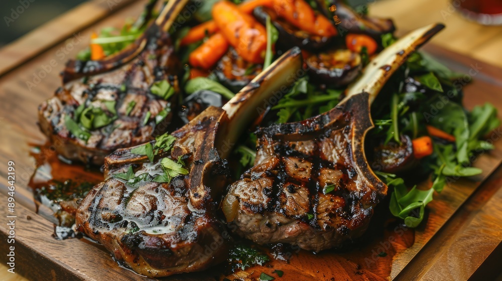 Delicious grilled lamb chops with eggplant carrots and greens Delicious grilled lamb chops with eggplant carrots and greens