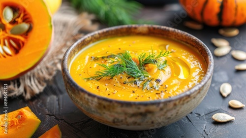 Delicious creamy pumpkin soup with dill and seeds in a bowl on the table