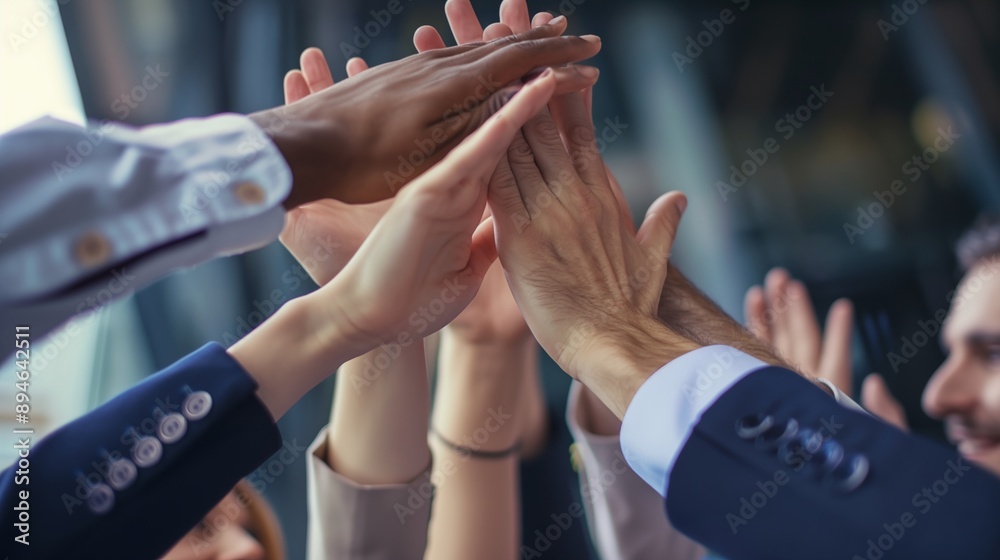 Business professionals exchange high fives to celebrate their team’s success, displaying unity and excitement in recognition of their collaborative achievement. Business professionals exchange high fives to celebrate their team’s success, displaying unity and excitement in recognition of their collaborative achievement.