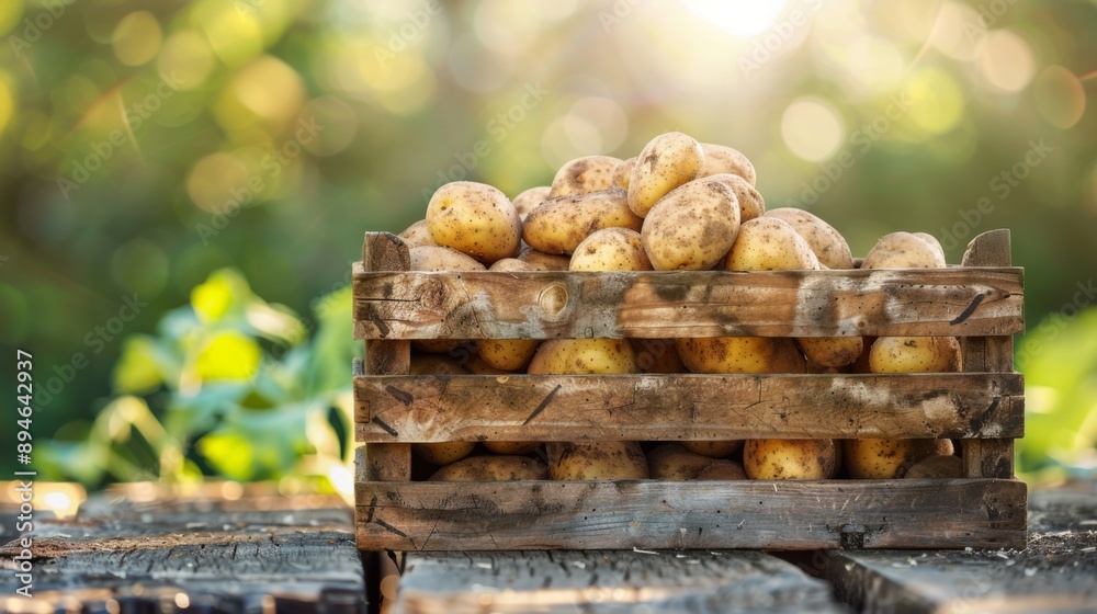 A wooden crate filled with freshly harvested potatoes, sitting on a farm table. A wooden crate filled with freshly harvested potatoes, sitting on a farm table.