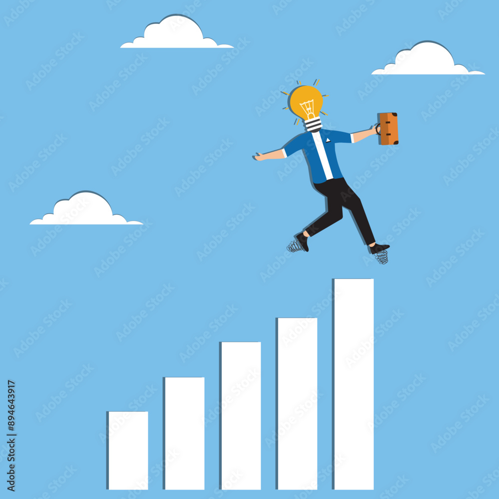 Get new business idea, think or brainstorming for solution, creativity or invention, brilliant idea discovery, intelligence or wisdom to drive success concept, businessman jump lightbulb idea head Get new business idea, think or brainstorming for solution, creativity or invention, brilliant idea discovery, intelligence or wisdom to drive success concept, businessman jump lightbulb idea head