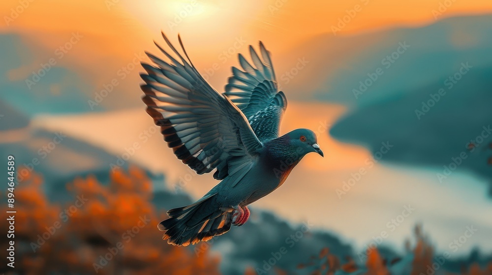 Fototapeta premium A pigeon flying in broad sky natural scenery wiht clear blue sky and clouds 