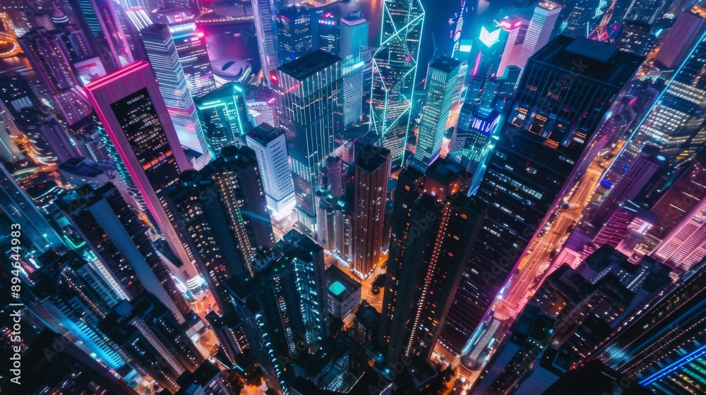 Aerial view of skyscrapers lit up in different colors during a festive night event in the city. Aerial view of skyscrapers lit up in different colors during a festive night event in the city.