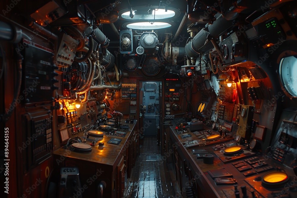 The interior of a submarine with many technological instruments, a dark atmosphere, lights on the instruments, a water pipe system, oil lamps, a main control panel, a computer screen, communication eq The interior of a submarine with many technological instruments, a dark atmosphere, lights on the instruments, a water pipe system, oil lamps, a main control panel, a computer screen, communication eq
