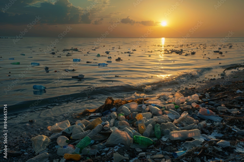 Obraz premium beach at sunset with plastic bottles and other trash 