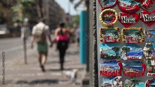 View of people, out of focus, and souvenirs on Corso Umberto, Naples, Naples, Campania, Italy