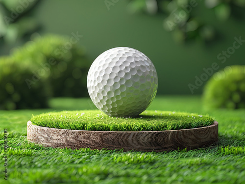 Podium background golf product sport club 3D stand course. Golf podium background sport display ball scene green fitness platform hole swing outdoor player competition photo