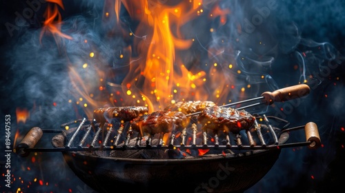 Grilled Meat on a Charcoal Grill with Flames