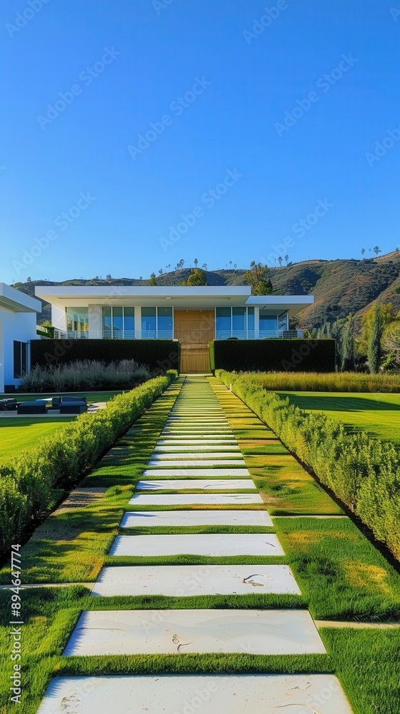 Fototapeta premium Photo of A Grass Path Leading to A Giant Modern Mansion