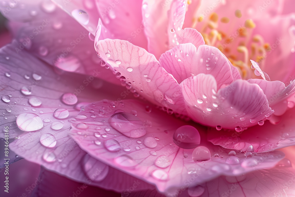 a camellia flower freshly kissed by a recent rain. Capture the fine details of the petals as they hold onto tiny raindrops, with each droplet reflecting the light