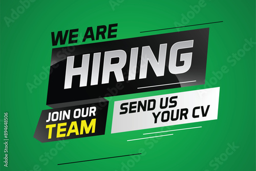 Hiring recruitment design for banner poster. We are hiring lettering with geometric shapes lines. Vector illustration typographic. Open vacancy design template

