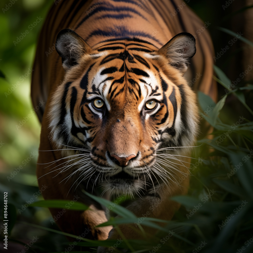 Obraz premium Stealthy Bengal Tiger Navigating Through Dense Forest Foliage