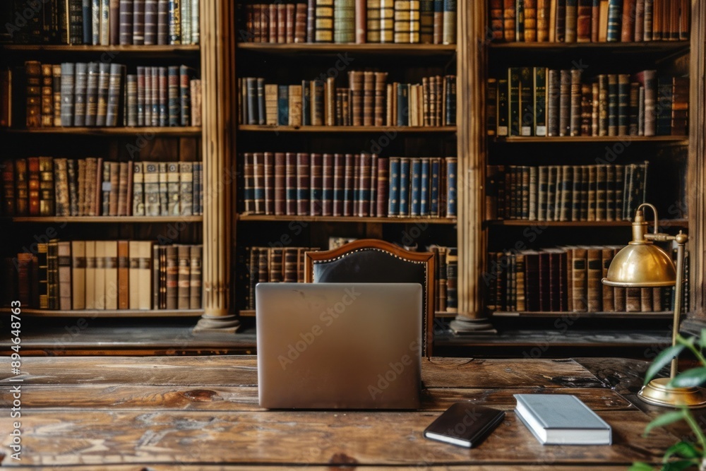 Laptop and Books on a Wooden Desk in a Library Setting Laptop and Books on a Wooden Desk in a Library Setting