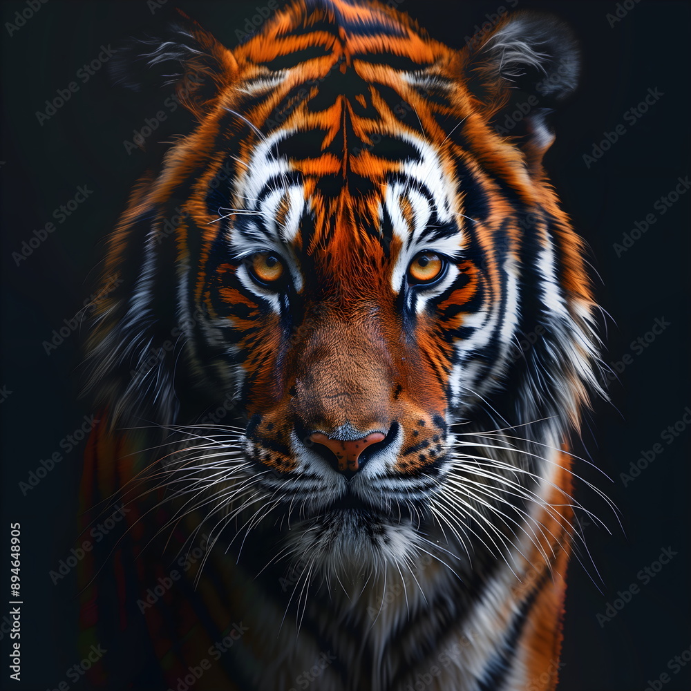 Naklejka premium Close-up of the intense gaze of a majestic Bengal tiger with vibrant orange and black stripes