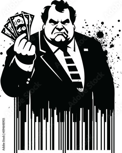 menacing man in a suit with money in his hand as a stencil illustration with splashes