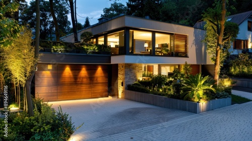 Haus Kubus mit Holzelementen am Abend. Bauhaus Architecture with Detached House in Forest Setting photo