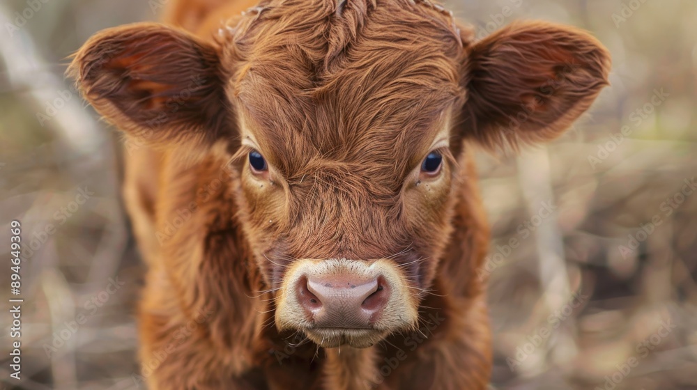 Highland Cattle Calf Close-Up: Farm Animal Brown Legged Calf in Closeup Shot