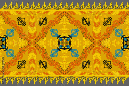 Intricate gold Thai pattern textile with ancient motifs, traditional art decoration on vintage fabric.