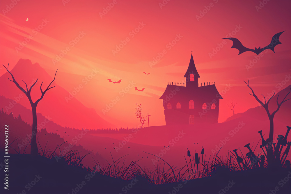 Silhouette of a haunted house on a hill at sunset with bats flying and a spooky atmosphere Silhouette of a haunted house on a hill at sunset with bats flying and a spooky atmosphere