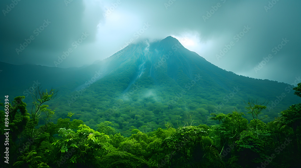 Fototapeta premium A clear, majestic shot of a mountain partially hidden by a curtain of rain.