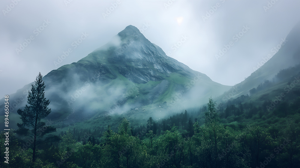 Fototapeta premium A clear, majestic shot of a mountain partially hidden by a curtain of rain.