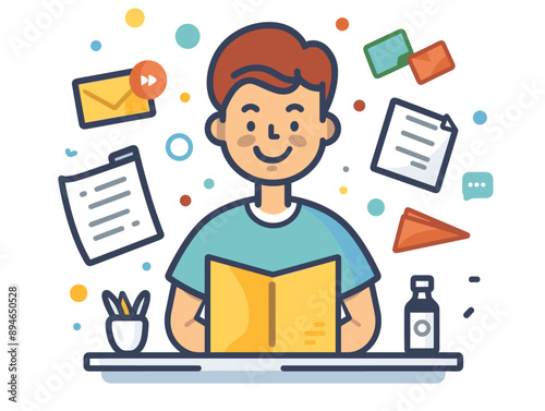 Young man reading a book at home. Flat style vector illustration