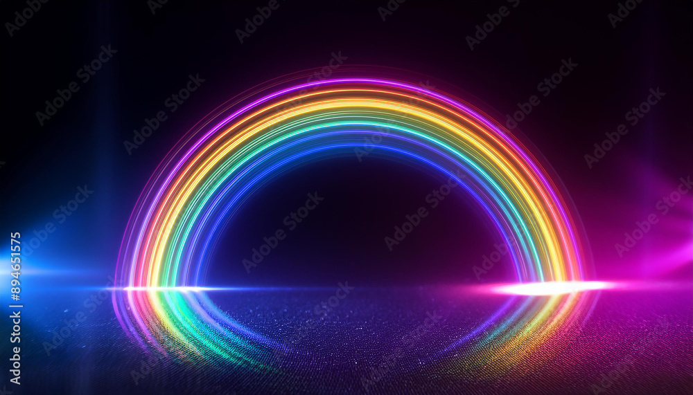Vivid neon rainbow shining on black backdrop. Colorful glowing arch. Modern design. Vivid neon rainbow shining on black backdrop. Colorful glowing arch. Modern design.