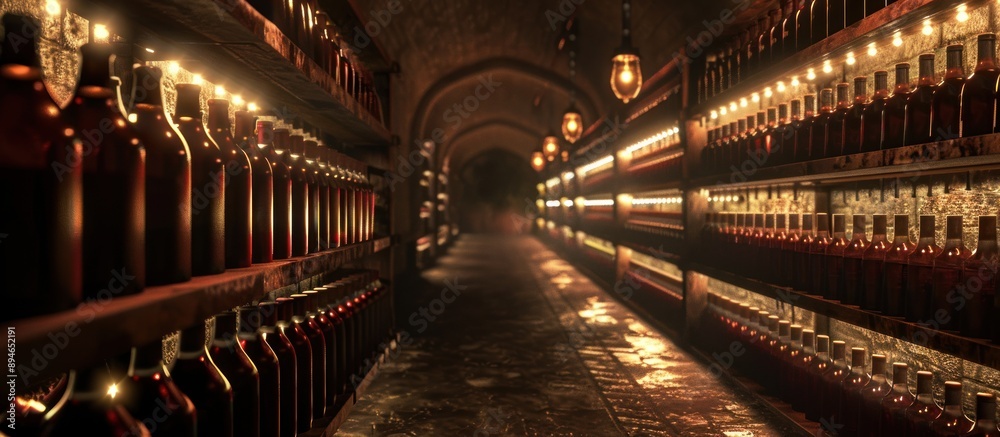 Obraz premium Wine Cellar with Rows of Bottles Illuminated by Warm Lights
