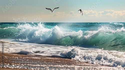 The gentle lapping of waves nearby adds a soothing soundtrack to the scene, harmonizing with the distant calls of seabirds returning to their nests  photo