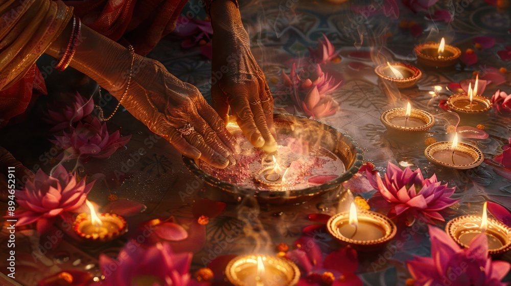 A woman performing a traditional ritual with lit candles and lotus ...