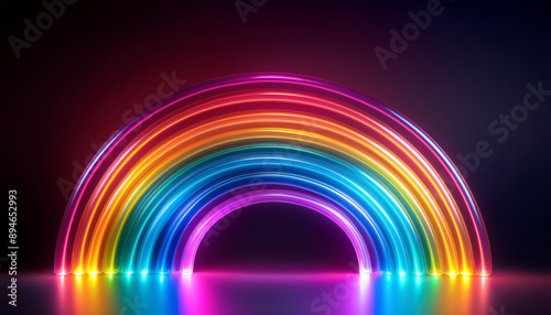 Vivid neon rainbow shining on black backdrop. Colorful glowing arch. Modern design.