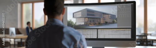 3D visualization of the new building project on a computer screen, the architect is working on the final details