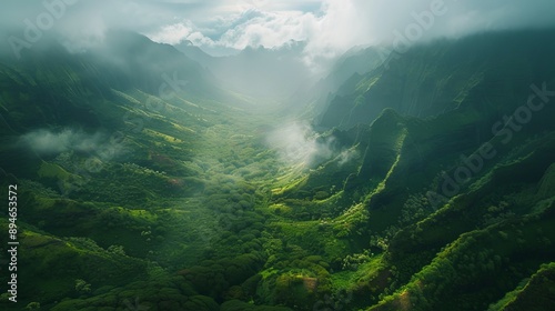 An aerial view of lush greenery and majestic mountains at Olomana Dawn, Hawaii, United States, highlighting the natural beauty of the landscape. © Yusif