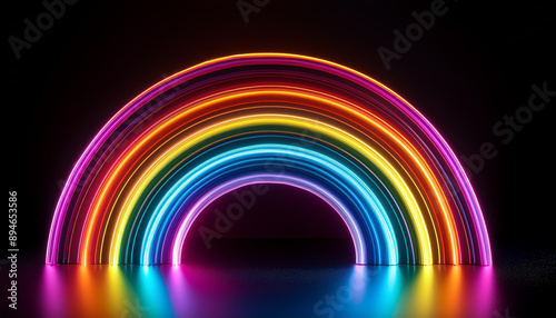 Vivid neon rainbow shining on black backdrop. Colorful glowing arch. Modern design.