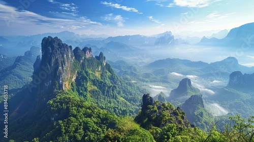 A beautiful mountain view of Phu Langka National Park in Thailand, showcasing its lush landscapes, rolling hills, and scenic beauty. photo