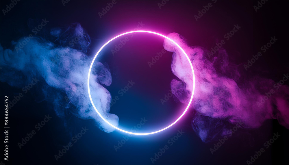 Obraz premium Glowing neon circle with swirling smoke on dark backdrop. Luminous energy ring. Modern design.