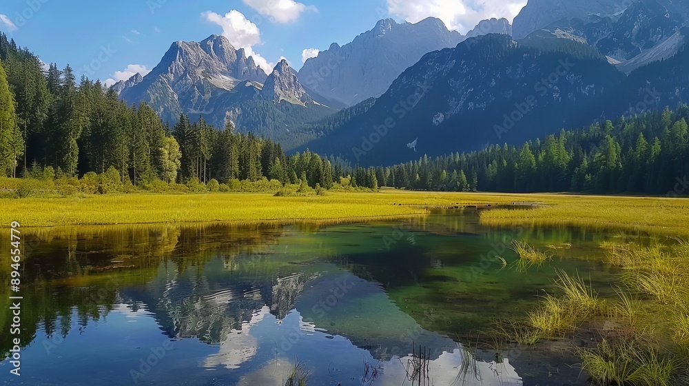 Fototapeta premium The Karwendel Mountain Park Wildlife Reserve in the Alps, Austria, showcasing the rugged alpine landscape and diverse wildlife of the region.