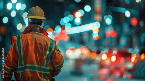 Construction worker in safety gear at night with city lights photo