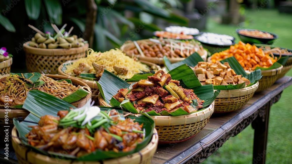 Traditional Indonesian food spread on a wooden table outdoors Traditional Indonesian food spread on a wooden table outdoors
