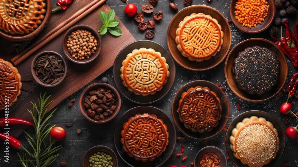 Variety of mooncakes wooden boards, top view. Dark backdrop, Asian ingredients. Mid-Autumn Festival Variety of mooncakes wooden boards, top view. Dark backdrop, Asian ingredients. Mid-Autumn Festival