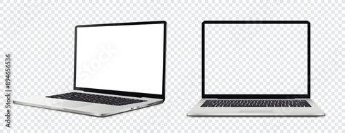 Mockup of laptop computer. Front and side view with white and empty screen on transparent background.